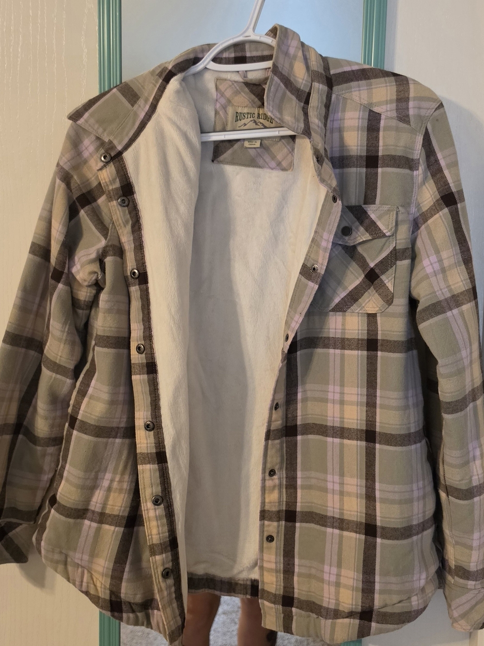 Plaid Sherpa-Lined Jacket in Olive & Pink